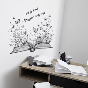 Wandtattoo mit Buch Blumen und Schmetterlingen mit Motivationsspruch zum Lernen