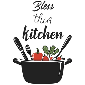 Modern Bless This Kitchen wall sticker with black pot and vegetable motifs for decor