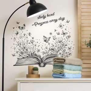 Inspirierendes Wandtattoo mit offenem Buch und Blumen im Wohnzimmerdekor