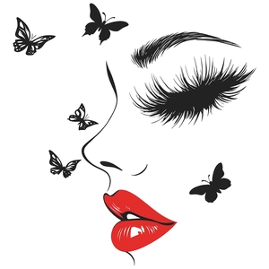 Modern wall sticker featuring abstract female face with red lips and black butterflies