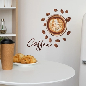 Self-adhesive coffee cup wall sticker with beans and artistic Coffee lettering for decor