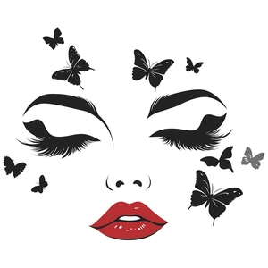 Minimalist wall decal featuring a woman’s face with red lips and flying black butterflies