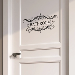 Elegant black vinyl bathroom door sticker with scroll patterns and Bathroom text