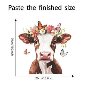 Macro detail of cow wall sticker with watercolor floral wreath and butterfly, size 26cm