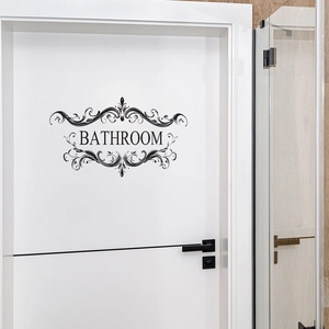 Elegant black Bathroom door sticker with vintage floral frame on a white modern door
