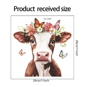 Detail showing 28cm cow wall sticker with floral crown and colorful butterflies