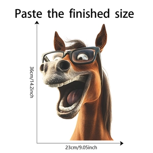 Vue détaillée des dimensions du sticker cheval mesurant 36cm x 23cm et texture 3D nette