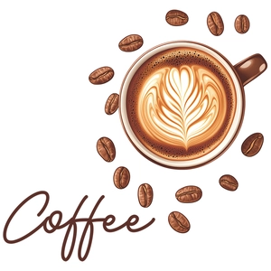 Self-adhesive coffee cup wall sticker with latte art and roasted coffee beans