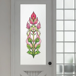 Detailed frosted glass window film with pink tulips and green leaves in art deco style