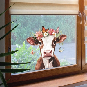 Cute Cow Butterfly Flower Crown Window Stickers PVC Removable Glass Decals For Living Room Bedroom Home Decoration