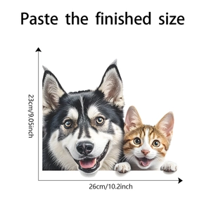 Detailed size chart for husky and cat window stickers measuring 26cm by 23cm