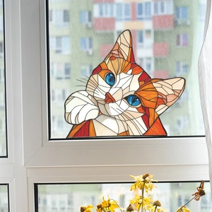 Cartoon orange tabby cat stained glass window decal for home decor with cat pattern