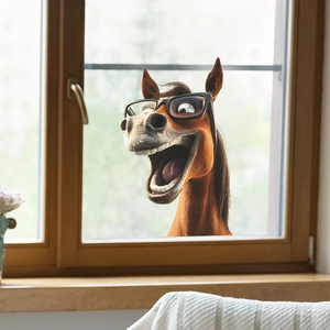 Sticker de fenêtre de cheval de dessin animé riant avec lunettes pour verre de maison
