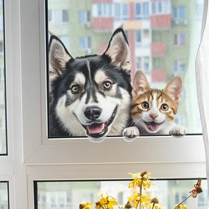 3D realistic peeking Husky and tabby kitten window decal applied on a glass surface