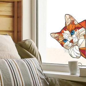 Detail of creative orange cat stained glass window sticker with vibrant mosaic art patterns