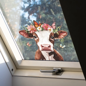 Creative cow and butterfly window sticker with floral crown on bright glass window