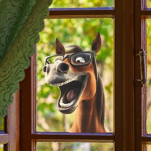 Sticker de fenêtre 3D cheval rigolo avec lunettes noires et expression riante déco