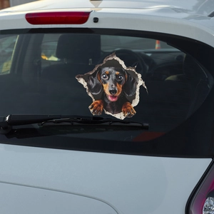 3D αυτοκόλλητο σκύλου dachshund με εφέ σπασμένου γυαλιού για παράθυρο αυτοκινήτου