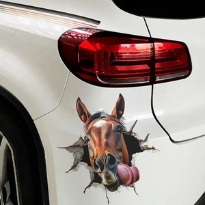 Realistic 3D horse head sticker with broken hole effect on white car rear fender