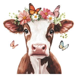 Watercolor cow sticker with floral crown and colorful butterflies on white background