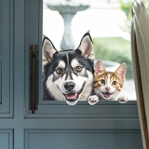Realistic 3D husky and ginger cat peeking window sticker for glass door home decor