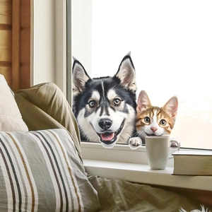 3D realistic Husky and ginger cat window decals peering through glass for home decor