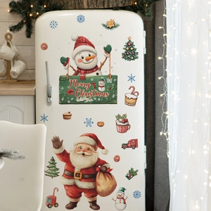 Cozy kitchen scene showing Santa and Snowman stickers on a vintage white refrigerator