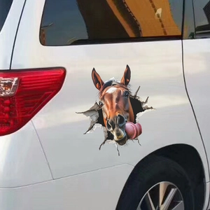 Funny 3D realistic brown horse head car sticker with tongue out and torn metal effect