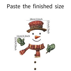 Detailed size chart for Christmas snowman wall decal including hat scarf and gloves components