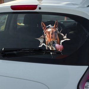 Funny 3D realistic brown horse head peeking through cracked glass car window sticker