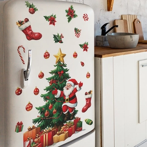 Christmas fridge stickers featuring Santa Claus and tree on a white vintage refrigerator