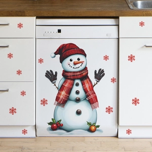 Sticker Mural de Noël Bonhomme de Neige et Flocon de Neige en PVC Autocollant pour Réfrigérateur Décoration Festive pour Cuisine Vitre