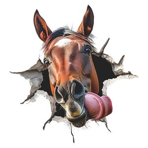Funny 3D brown horse head car window sticker with realistic broken wall effect