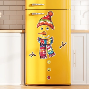 Christmas snowman fridge sticker set with colorful scarf and hat on yellow refrigerator