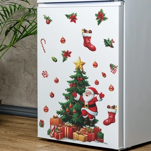 Christmas Santa and tree refrigerator wall decals set for festive home kitchen decor