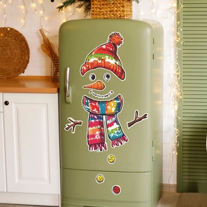 Colorful Christmas snowman fridge decals with red polka dot hat and striped scarf
