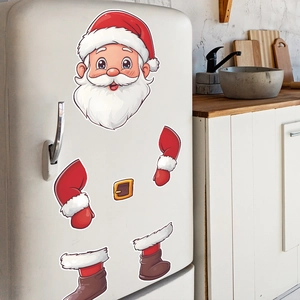 Cute cartoon Santa Claus refrigerator stickers on white fridge in cozy kitchen setting
