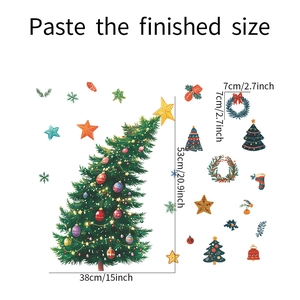 Detailed size chart for Christmas tree and wreath wall stickers showing dimensions in inches