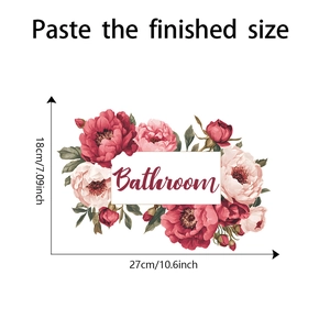 Floral bathroom wall sticker with red peonies and 27x18cm dimension markings