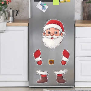 Cartoon Santa Claus fridge magnet set on a metallic refrigerator in a cozy kitchen