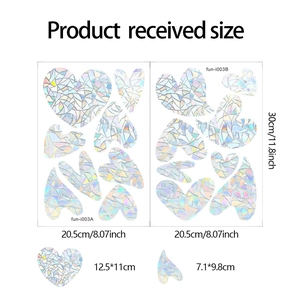 Detailed size layout of iridescent heart window film with dimensions and mosaic texture