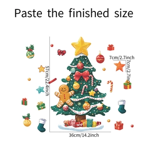 Vista detallada de medidas del adhesivo de árbol de Navidad con muñeco de jengibre y regalos