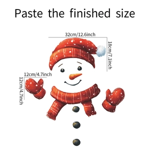 Detailed size specifications for Christmas snowman wall stickers featuring hat and scarf