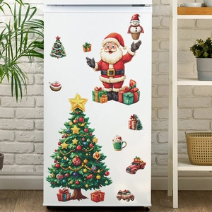 Detailed Christmas fridge sticker set featuring Santa Claus and a festive tree on white panel