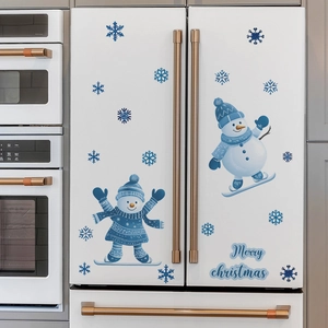 Christmas snowman skiing fridge stickers with snowflakes on white kitchen refrigerator