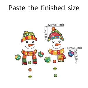 Detailed size guide for Christmas snowman wall stickers featuring colorful festive decals