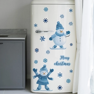 Christmas snowman fridge sticker set with blue snowflakes and Merry Christmas lettering
