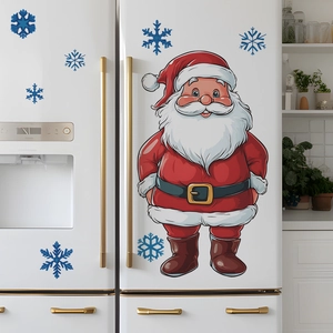Cartoon Santa Claus and blue snowflakes wall stickers for white refrigerator decoration