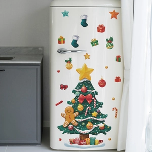 Set de imanes de árbol de Navidad y hombre de jengibre en nevera blanca retro