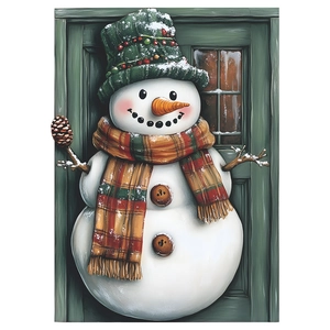 Detail of a festive snowman illustration featuring a cozy red plaid scarf and knitted hat